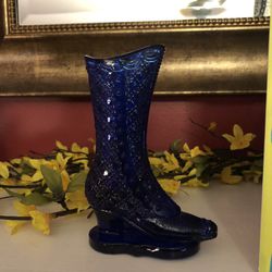 Vintage Cobalt Blue Glass Victorian Boot Vase