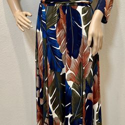 Blue Brown Green Tropical Print Long Sleeve Faux Wrap Maxi Beach Vacation Dress 
