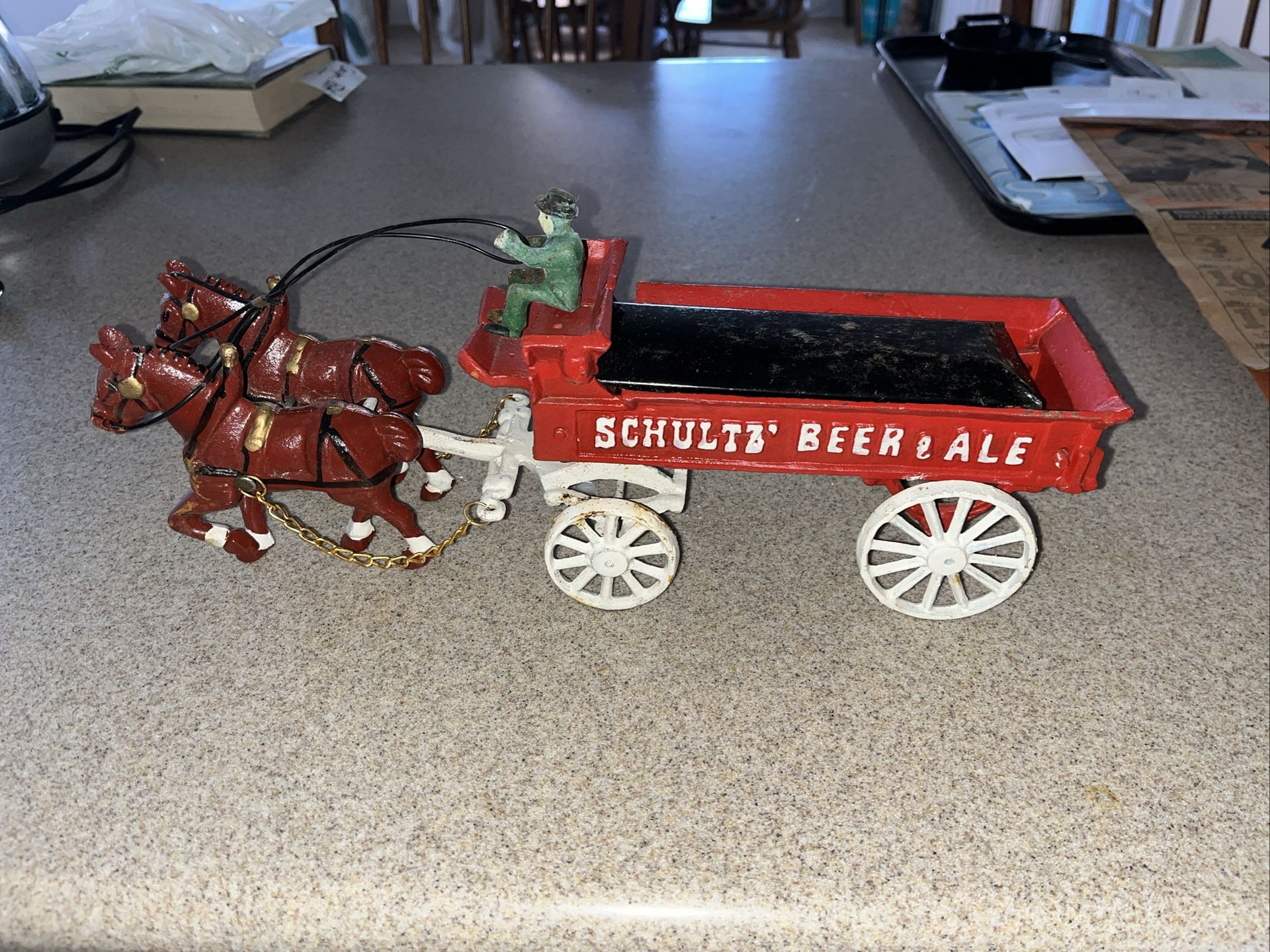 Vintage cast iron Schultz, beer and Yale horse wagon advertising