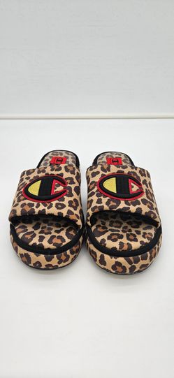 Champion women's plush print slide slippers in a black and leopard pattern