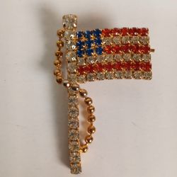 Vintage Rafaelian Rhinestone American Flag Brooch Pin Red White Blue Gold Tone