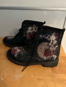 Woman’s Combat Boots Featuring Slice in Wonderland Storybook Print Size 38