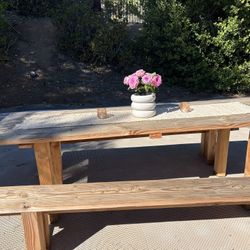Wood Outdoor Or Indoor Table & 2 Benches 