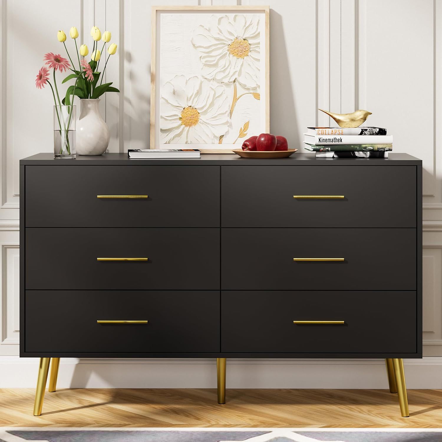 Black 6 Drawer Dresser for Bedroom with Gold Handles, Modern Chest of Drawers, Wooden Dressers Organizer for TV Stand,Living Room, Hallway, Entryway