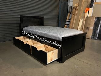 Twin bed with mattress and drawers