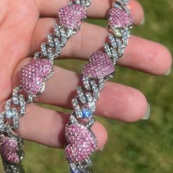 102 gram solid 10k white gold 11.20ct natural diamond & 15ct pink sapphire Cuban chain