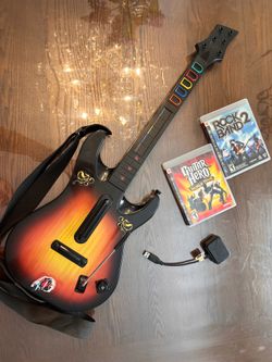 PS3 Guitar Hero Guitar + Dongle & Games – Tested