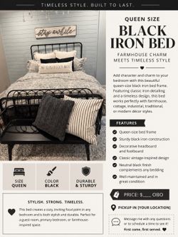 Classic and beautiful Black iron bed - queen size