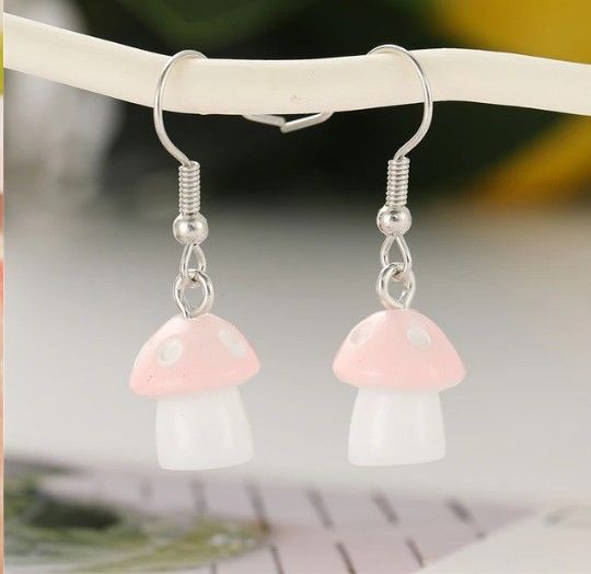 Pink Mushroom Charm Drop Earrings