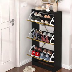 Shoe Cabinet Storage, 3 Tier Freestanding Narrow Hidden Wooden Hallway Shoe Rack with 3 Fli