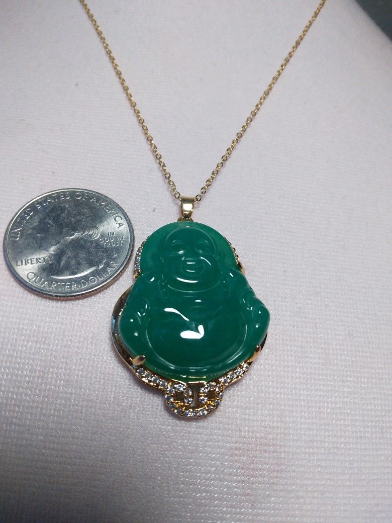 Blessing Good Luck Green Jade  Happy Buddha Pdnt 1.5x1" Steel Gold Color Chain 16_24"