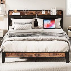 QUEEN BED FRAME, STORAGE HEADBOARD WITH CHARGING STATION, SOLID AND STABLE, NOISE FREE, NO BOX SPRING NEEDED, EASY ASSEMBLY (VINTAGE AND BLACK)