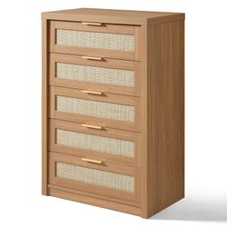 5 Drawer Dresser, Rattan Dresser for Bedroom with 5 Storage Drawers, Tall Dresser Chest of Drawers for Closet Bedside, Living Room Hallway 17.7" D x 2
