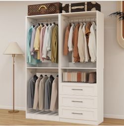 Closet System with 2 Sets, 4FT Closet Organizer Systems with 3 Wooden Drawers & 5 Hanging Rods, Walk in Closet Standalone Corner Closet System Modular