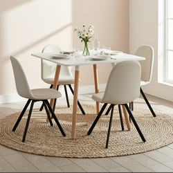 Homy Casa Rookie 5PC Dining Table Set 31.5” Square White Table with 4 Sunflower Beige Swival Upholstered Chairs