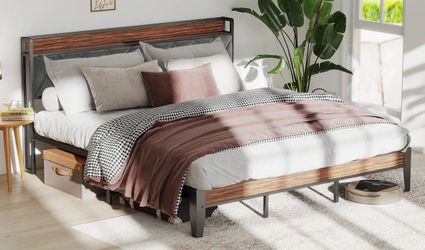 Queen bed frame + headboard with charging station
