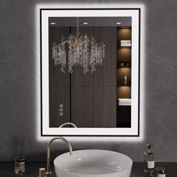 LOAAO 28"X36" LED Bathroom Mirror Black Framed, Anti-Fog, Dimmable, Lighted Bathroom Vanity Mirror For Wall, Memory Function, Tempered Glass