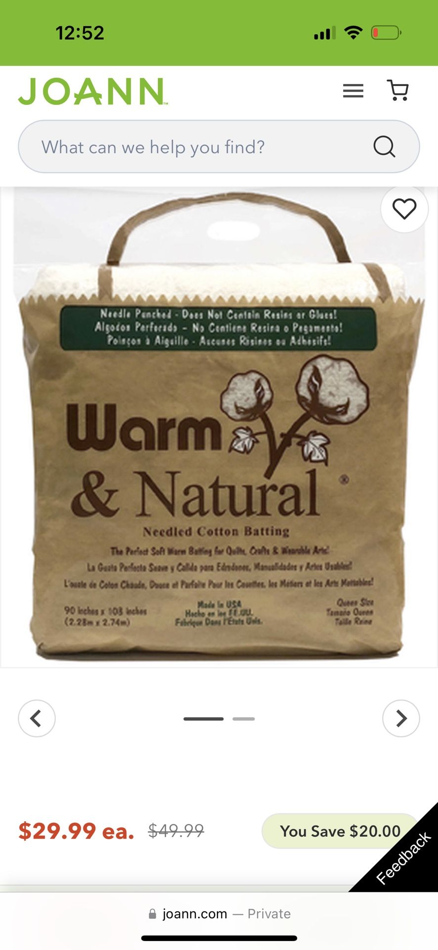 The Warm Company Warm & Natural Cotton Batting 72''x90''