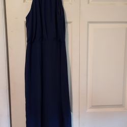Lulus Halter Midi Dress Navy Blue Slit Lined Zip Slinky Glamour Evening Small