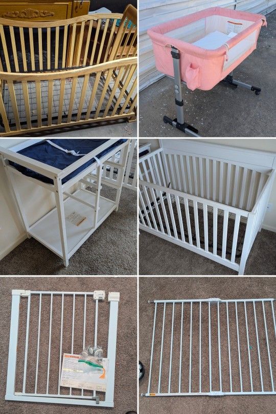 Baby changing table- $15 Bassinet- $15 & Two baby gates - $10, 2 Cribs- $20 each. Battle Creek Michigan - Delivery possible -