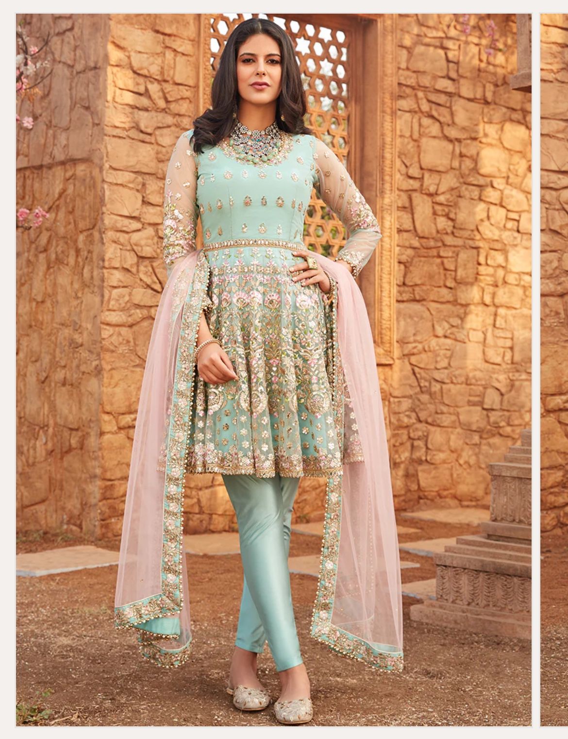 Dusty Mint and Pink Embroidered Peplum Anarkali