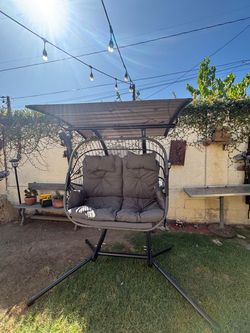 Oversized Double Hanging Swing Chair with Removable & Adjustable Canopy, Double Egg Chair, Outdoor Hammock Egg Chair with Cushion & Basket, Swinging L