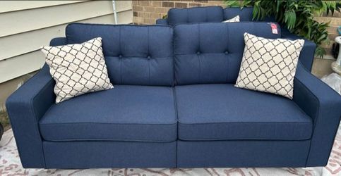 Navy Blue Tufted Fabric Sofa & Loveseat with Throw Pillows