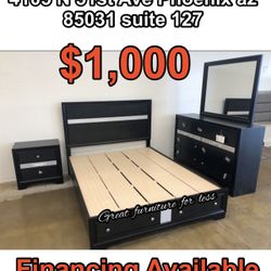 Queen Size Platform Bedroom Set Include Bed Frame Dresser Mirror Nightstand Brand New