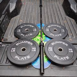 NEW CAP : OLYMPIC  35lb. & 15lb.  BUMPER PLATES  &  NEW  7 FOOT / 45 LB.  BLACK OLYMPIC  BARBELL  BAR