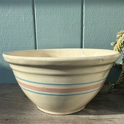 Vintage McCoy Large OvenWare Pottery Mixing Bowl. 12". Pink Blue Stripe