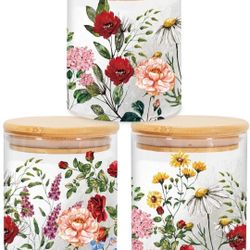 JarThenaAMCS 3Pcs Vintage Floral Glass Storage Jars with Airtight Lid Wildflower Decorative Canisters Sets for Cookie Spring Summer Farmhouse Home Kit
