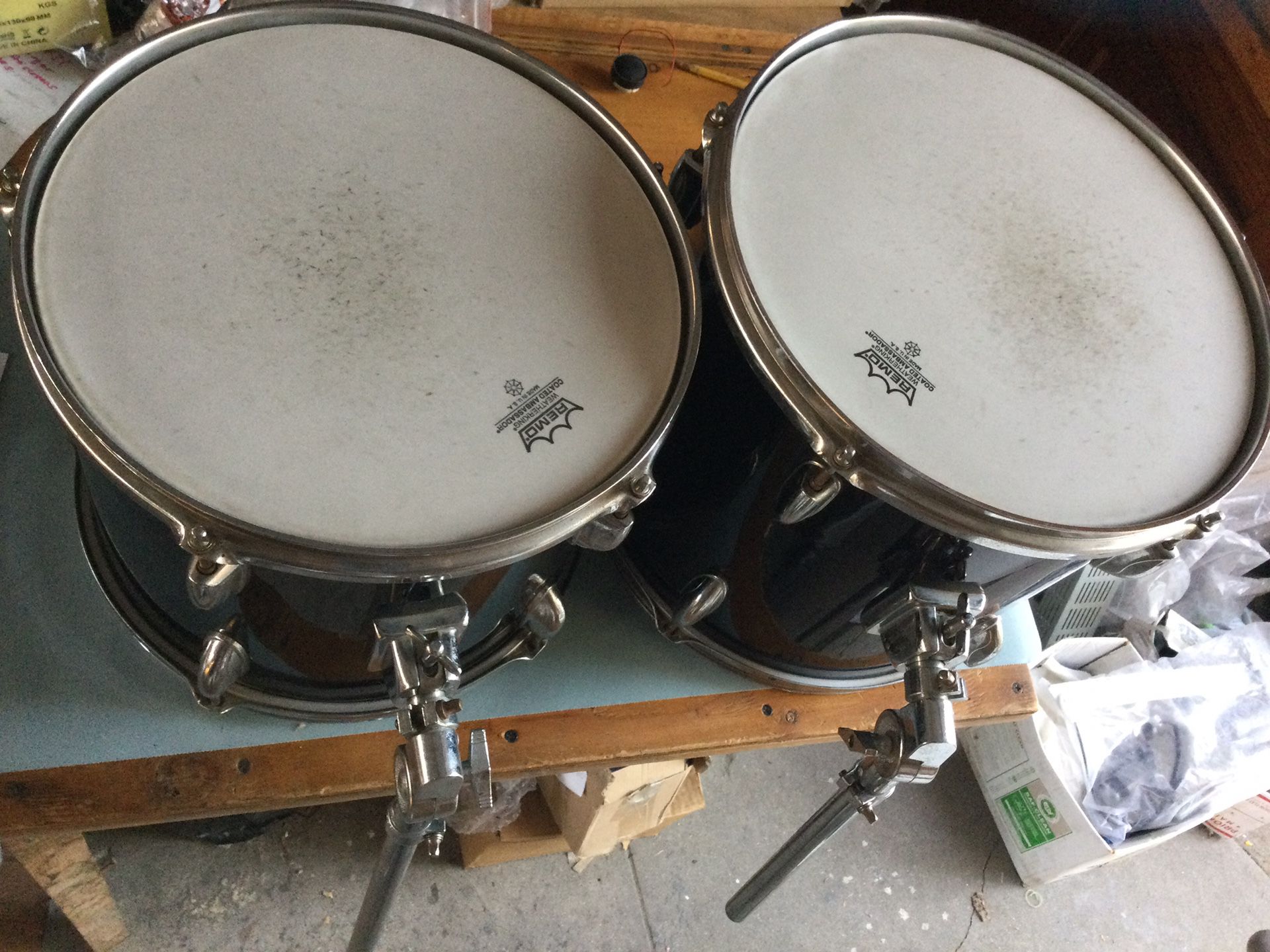 Pair Of Black Tom-Toms, For Drum Set. Ready To Be Mounted On Drum Set. W/ REMO weatherking Coated Embassador. $70 South Gate