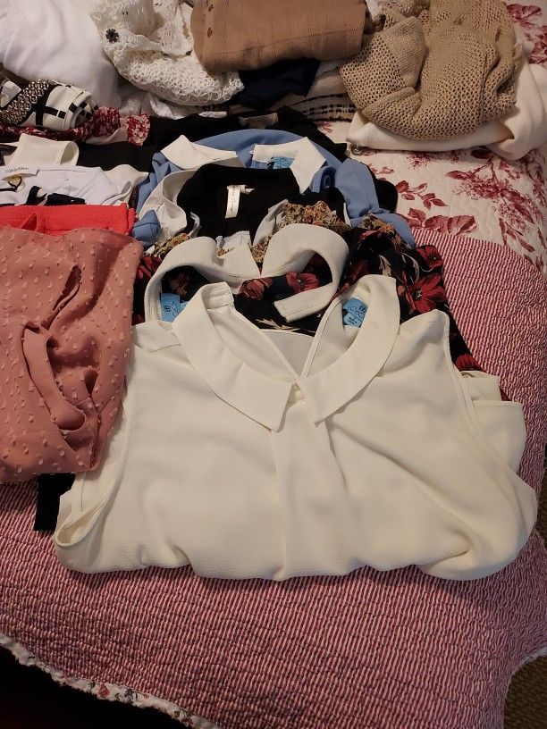 Work Clothes - Pants, Suit Jackets,  Blouses, Sweaters, Dresses/skirts. Many Are From Banana Republic, Ann Taylor, Loft, Calvin Klien.