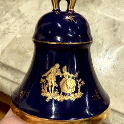 Limoges Hand Bell Cobalt Blue Porcelain Gold Trim, French