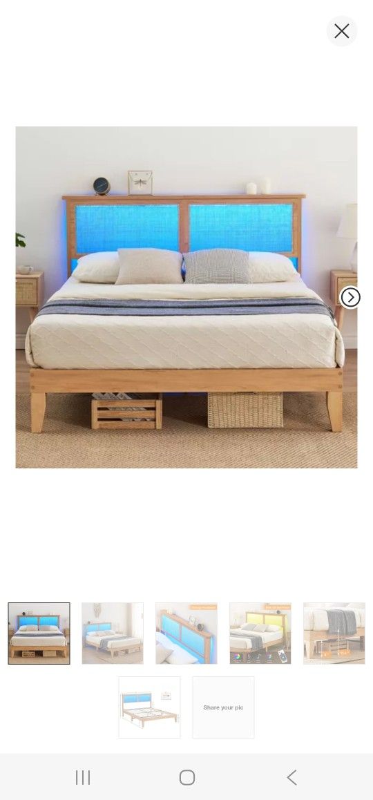 Garvee Rattan Full Bed Frame with LED Lights,Natural Rattan Headboard, Solid Wood Foundation with Silent Slats, Platform Full Size Bed Frame, Noise-Fr