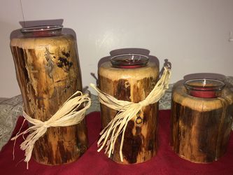 LOT 3 HANDMADE WOODEN CANDLE HOLDERS RUSTIC DESIGN