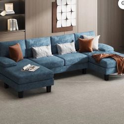 Homall Modern U-Shape Sectional Sofa, Chenille Fabric Modular Couch, 4 Seat Oversized Sofa with Chaise for Living Room, Blue