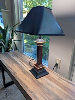 Vintage Wood Table Lamp With Black Shade 