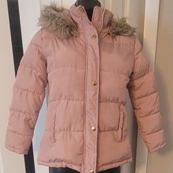 Girls Hooded Coat – Pink with Brown Hood