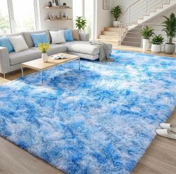 Blue and White Tie-Dye Shaggy Area Rug 6x9