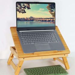 Bamboo Laptop Desk with Folding Legs Tilting Surface Workstation Table Adjustable Laptop Stand Bed Tray for tv Sofa Study Computer Ipad Book (