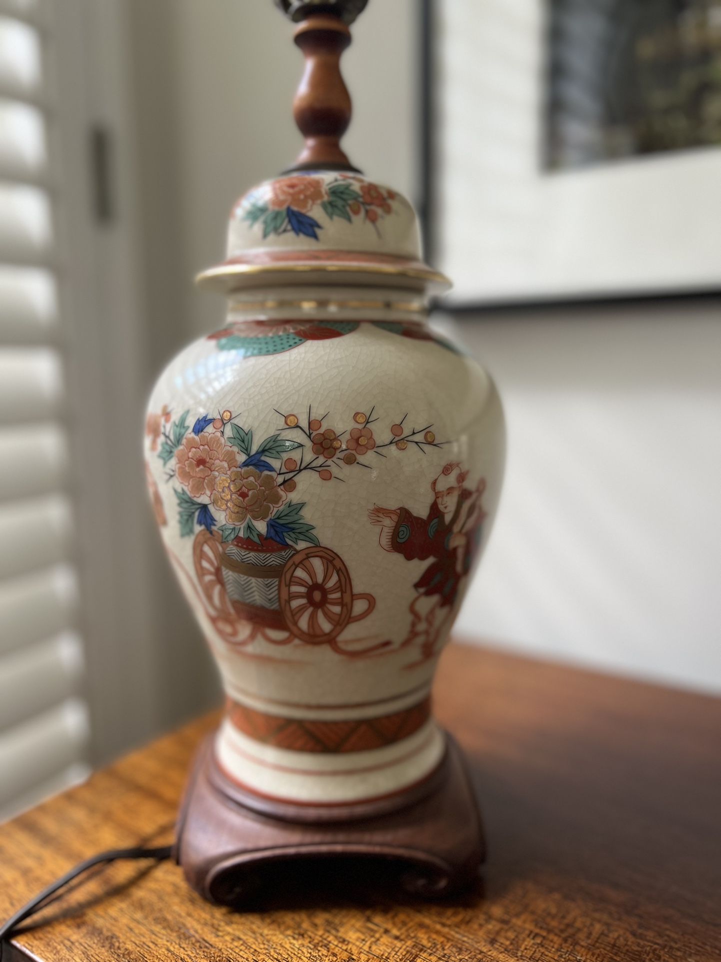 Antique Porcelain Chinoiserie Lamp with Wood Base