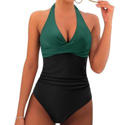 RXRXCOU Swimsuit Tummy Control V Neck Swimwear Halter Top Women's XXL