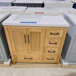 Brand New Beautiful Bathroom Vanity “36” single sink, Soft Close Solid Wood in Natural Teak Color, 5 drawers and 2 doors and modern handles