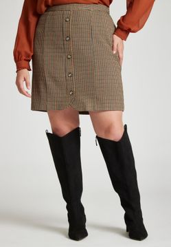 Eloqii Button Up Mini Skirt Close Fit Twill Brown Lined Academia Preppy Women 14