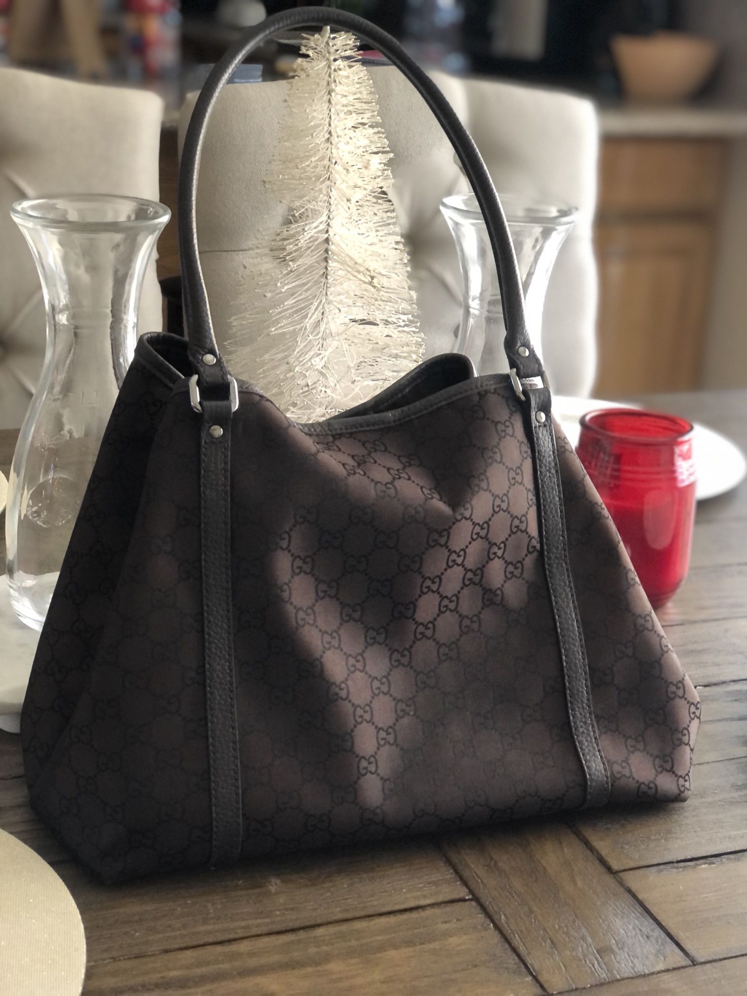 Gucci Leather Trimmed Gg Dark Brown Denim Tote