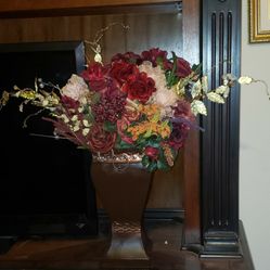 HUGE LARGE 34" METAL FLORAL FLOWER ARRANGEMENT BOUQUET URN HANDLE VASE ACCENT TABLE DECOR