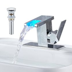 Kyatinsal LED Light Bathroom Sink Faucet for 1 Hole Waterfall Chrome Single Handle RV Bath Vanity Faucets for Sinks with Metal Pop Up Drain and 2 Wate