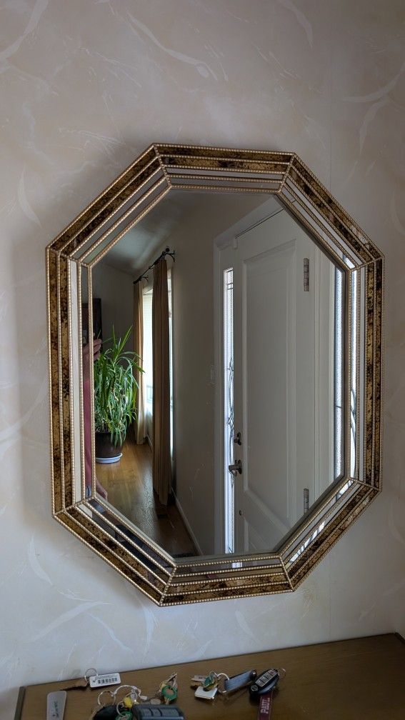 LaBarge Octagonal Oil Drop Brass Mirror and shelf ~ circa 1970