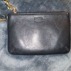 Small Black Leather COACH Wristlet Embossed With Logo